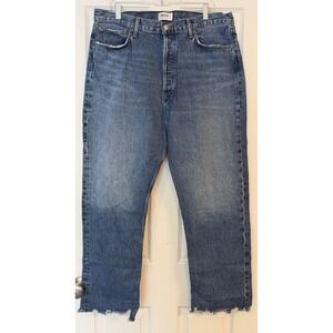 Agolde 90s Pinch High Waisted Straight Size 34x29 Blue Button Fly Frayed Hem EUC